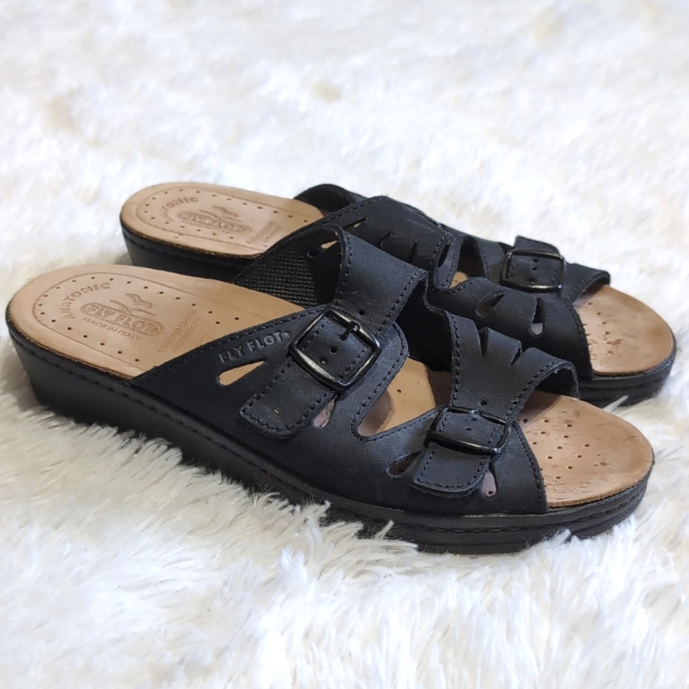 Fly Flot Black Genuine Leather Buckle Slide Sandals Size 40/8 - Picture 2 of 12